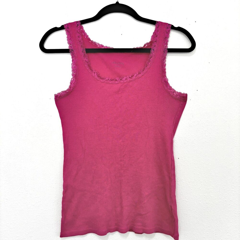 Womens Y2K Pink Lace Trim Ribbed Tank Top Small Cottage Coquette Dainty Indie